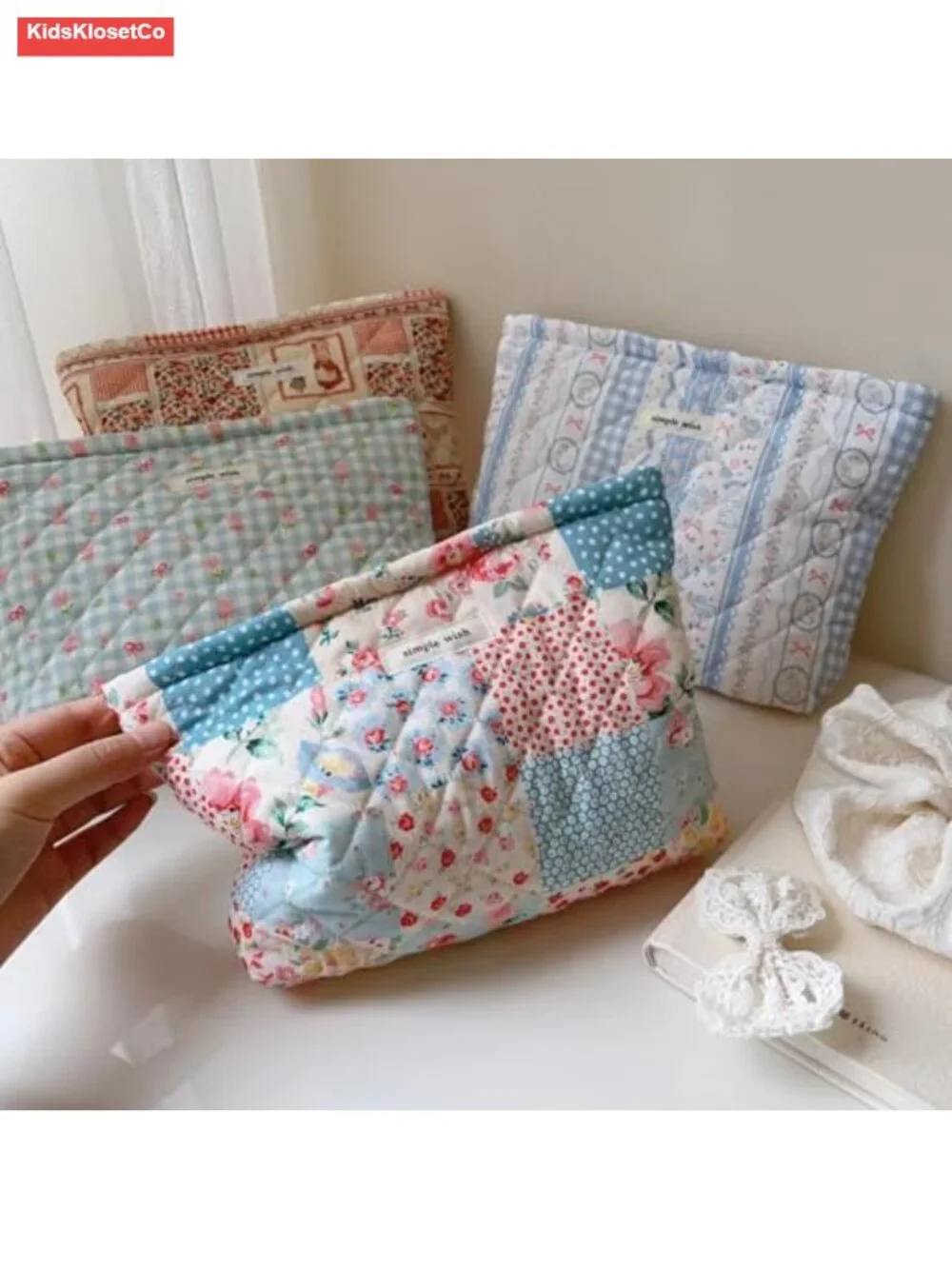Quilted Cotton Makeup Bag Travel Organizer Pouch with Zipper